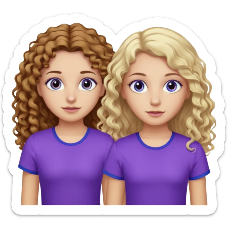 Twin sisters, one has brown eyes, long curly brown hair, the other one has blue eyes and straight blond hair purple top sticker