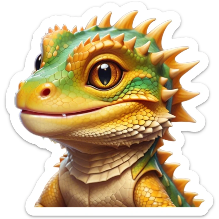 Cinematic Cute Bearded Dragon Portrait Emoji, Head tilted playfully and inquisitively, featuring a glossy, scaled hide in warm olive hues with an adorably scrunched spiky beard and round, sparkling eyes full of curious mischief, Simplified yet irresistibly adorable features, highly detailed, glowing with a warm, friendly glow, high shine, affectionate and lively, stylized with a touch of rugged whimsy, bright and endearing, soft glowing outline, capturing the essence of a mischievous yet loving dragon, so playful it feels like it could scamper out of the screen into your arms! sticker