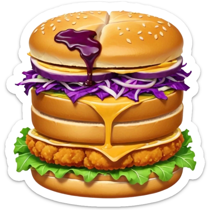 Burning hot, spicy,  stacked chicken sandwich — two thick golden toast slices, a crispy breaded chicken fillet, green lettuce, and purple cabbage slaw, with glossy dark sauce dripping down the sides. sticker