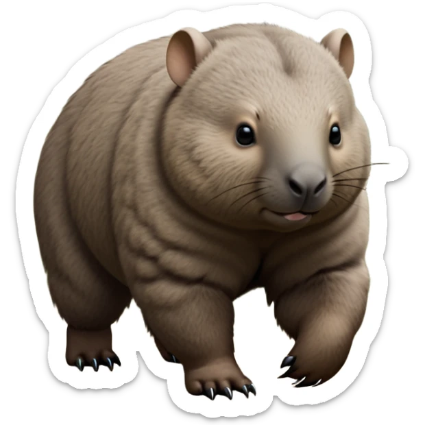 cinematic-stout wombat-realistic-fluffy full-body-waddling-emoji,-stout-muscular-frame-covered-in-coarse-brown-fur,-short-powerful-legs-trotting-determinedly-through-bushland,-round-dark-eyes-filled-with-calm-confidence,-tiny-rounded-ears-twitching-slightly,-strong-digging-claws-visible-on-sturdy-paws,-simplified-yet-realistic-focused-features,-highly-detailed,-glowing-with-a-subtle-earthy-glow sticker