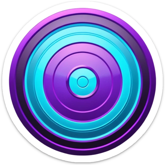 Futuristic glowing bullseye target emoji, neon purple and cyan holographic glow, dark background, digital tech style, abstract sparkles, no face. sticker