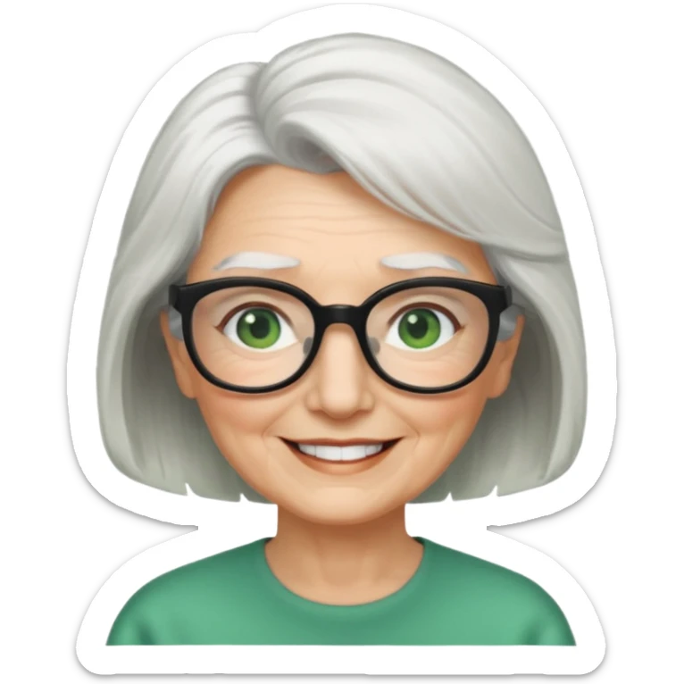 White hair grandma, green eyes, hair to shoulder, lokeg black glasses, rectangles face, smile , sticker