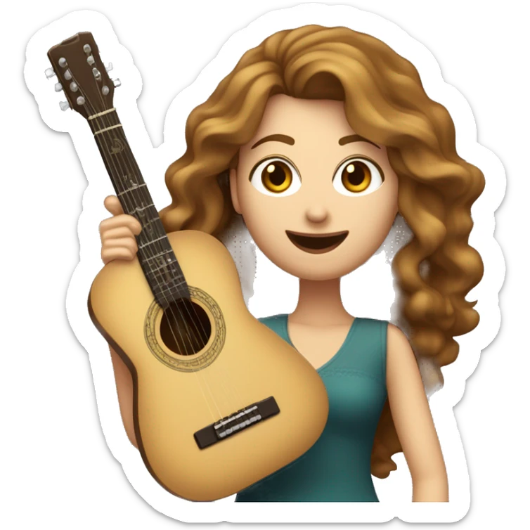 Une Femme caucasienne aux cheveux long brun ondulé qui chante dans un micro et joue de la guitare  sticker