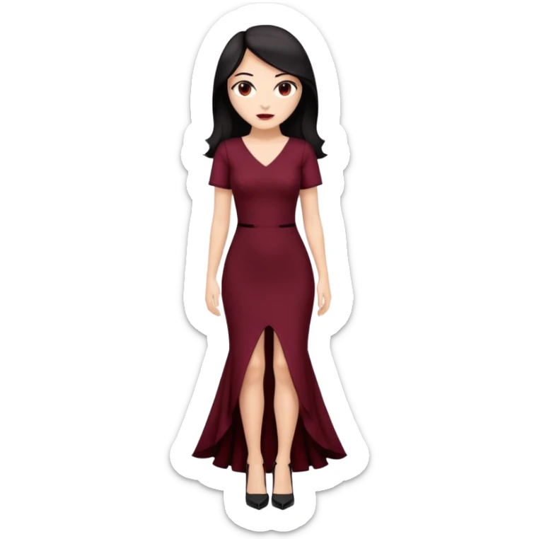 Chica blanca ,ojos marrones, vestido granate largo sexy manga corta,  cuerpo entero pelo negro y largo zapatos negros tacon sticker