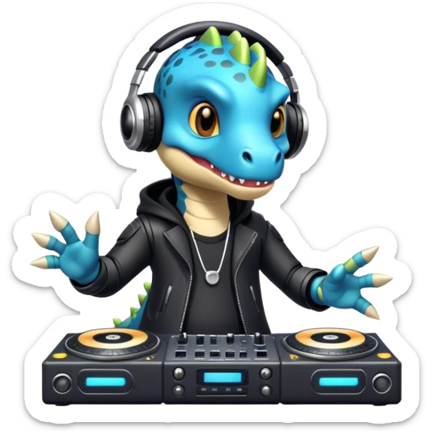 Dinosaurio muy tierno músico DJ con ropa negra futurista con nombre verexxo  sticker