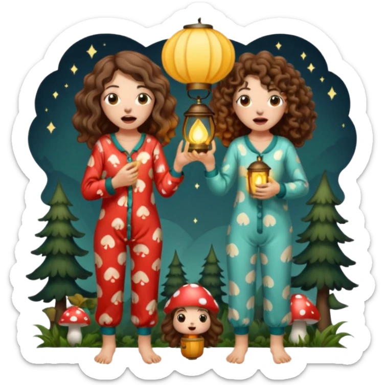 pajama forest duo — long wavy brown hair tattooed woman and short tight curly brown hair woman — mushroom pajamas yawning with lantern sticker