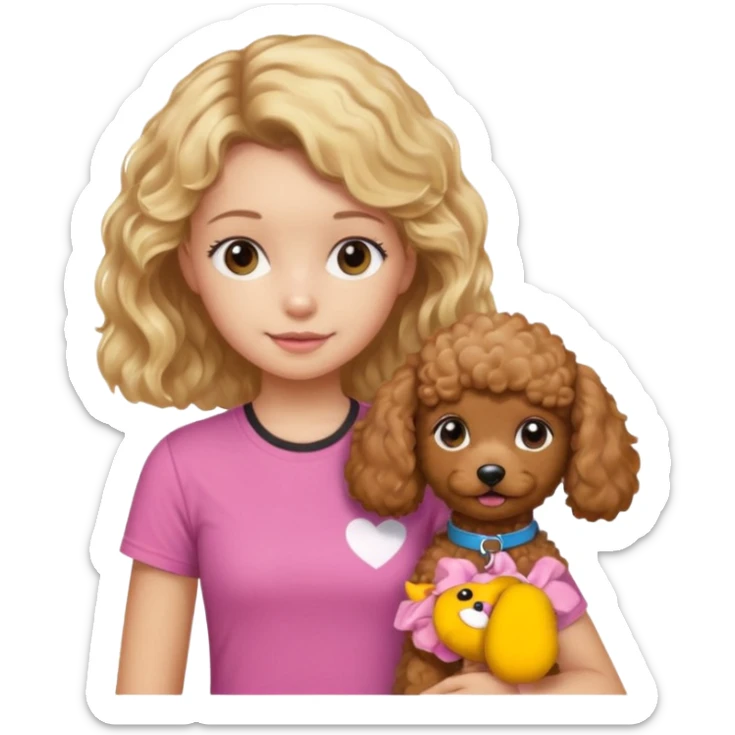 hazme un emoji que sea una niña rubi con el pelo ondulado i una camiseta rosa que ponga brownie, i acariciando a un perro (caniche toy) si pero con el pelo mas largo i no tan rubia el pelo marron i no rubia sticker