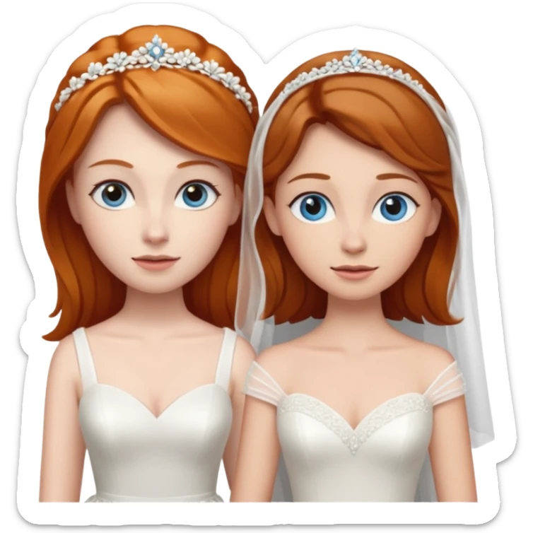 A ginger woman with blue eyes, marrying a taller woman with brown hair and hazel eyes, both in wedding dresses. sticker