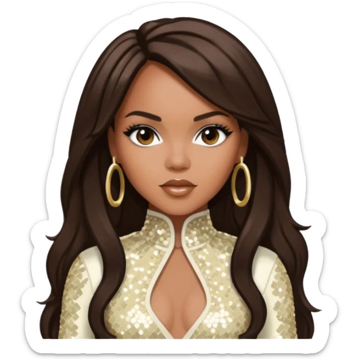LeToya Luckett from Destiny's Child with long dark brown hair, ivory sequin outfit sticker