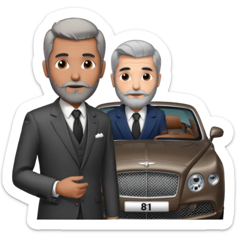 Dyed black gray hair  frencb beard graying indian guy in suit with a bentley names professor bw tlt sticker