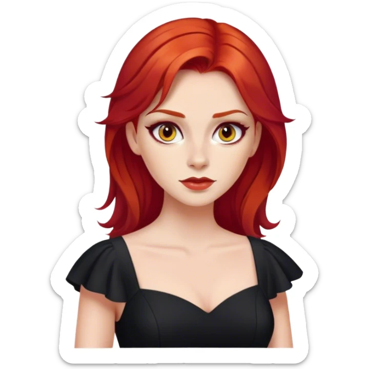 a woman with red hair and red eyes. The woman wear a black  dress sticker