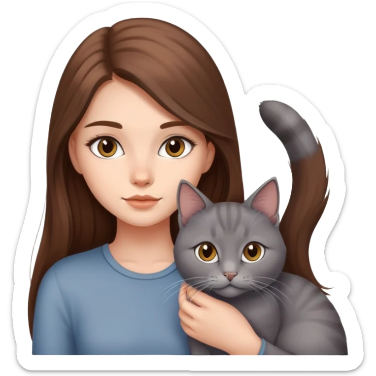 güzel uzun kahverengi saçlı kız ve gri kedisi sticker