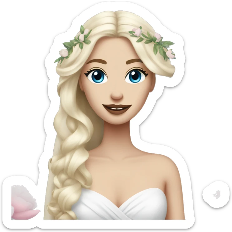 White bride with long light blonde hair and blue eyes with light pink peonies in hair white skin  sticker