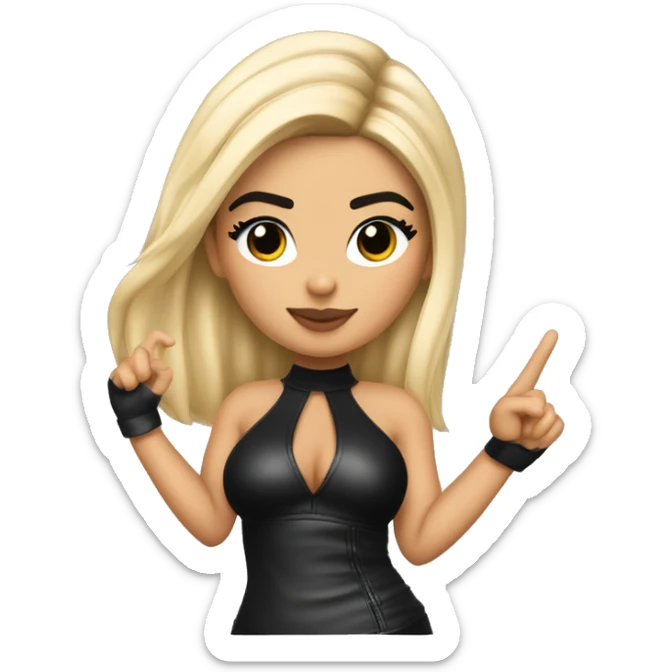 Emoji of Kylie Jenner with blonde hair in a black lether outfit with bra inside confidently pointing forward with a stylish, influencer vibe pointing forward with finger sticker