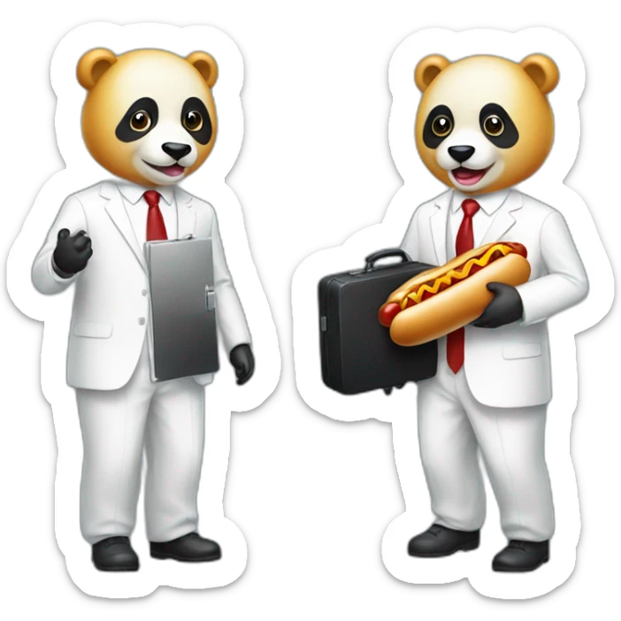 A professor with white suit and red tie and a panda face eating a hotdog and holding a black suitcase sticker