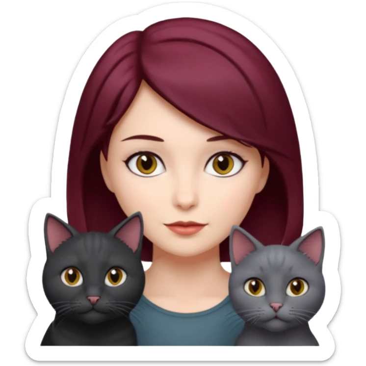 femme au cheveux court bordeau, yeux gris,  avec chat poils longs gris et chat poils ras noirs sticker