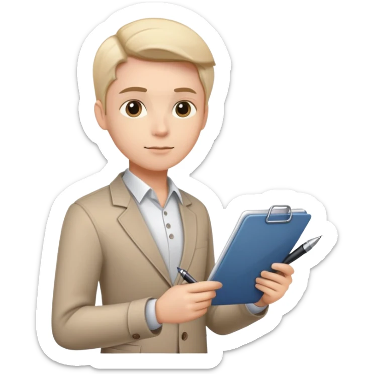 a person holding a checklist and pen, wearing smart casual clothing. The character is in a focused pose sticker