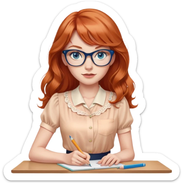 redheaded woman with long wavy hair and bangs, blue eyes, clear cat-eye glasses, short-sleeve apricot blouse, pencil skirt, holding a pencil sticker