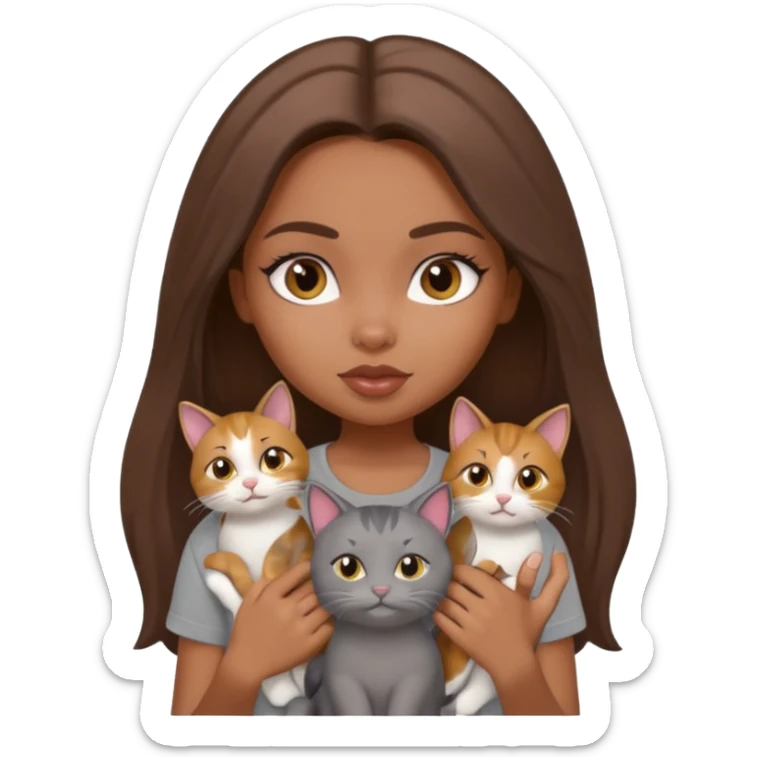 a pretty bratz dusky girl with long brown hair with four cats nd wearing a grey tshirt sticker
