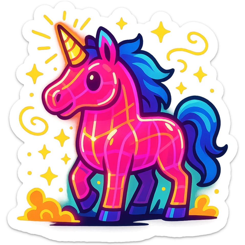 neon pink unicorn with a glass cannon, vibrant, glowing, fantasy sticker