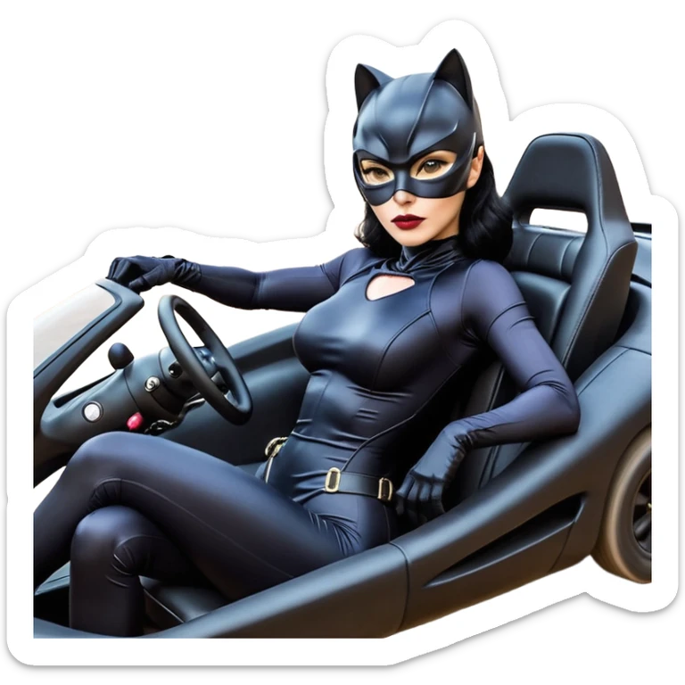 full size real-appearance electric road racing sexy CatWoman’s feminine midnight-colored tight outfit sixty’s tv show dark stealthy accurate sporty safe plush deluxe off-road pursuit drifting car jaguar accents (black hair,reclined and relaxed torso and shoulders back seating position) cross kart  sticker