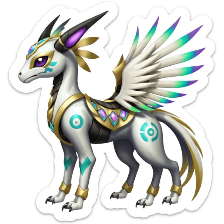 Colorful Shiny Tribal Skeletal masked armored Meloetta-Silvally-Solgaleo-Raikou-Pokémon-Digimon-Fakémon-fusion-hybrid-creature, full body sticker