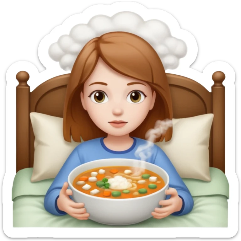 tazita de sopa, pastillas al lado y una chica en una cama sticker