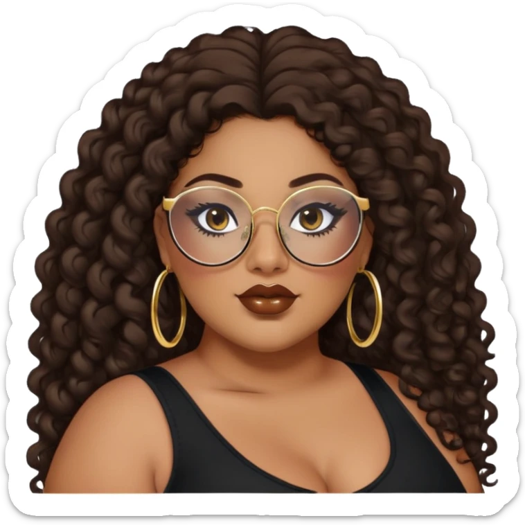 big plus size, latina, darker tan skin, gold hoops, long dark brown curly hair, baddie,pretty, makeup, lipgloss, black eyeliner, long hair, black top, black glasses sticker