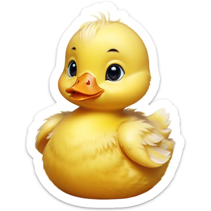 Cinematic Cute Yellow Baby Duck Portrait Emoji, Head tilted playfully and inquisitively, featuring a fluffy, vibrant yellow downy coat with a tiny delicate beak, round, sparkling eyes filled with curiosity, Simplified yet irresistibly adorable features, highly detailed, glowing with a warm, friendly glow, high shine, affectionate and spirited, stylized with a touch of playful whimsy, bright and endearing, soft glowing outline, capturing the essence of a mischievous yet loving duckling, so playful it feels like it could peep out of the screen and into your arms! sticker