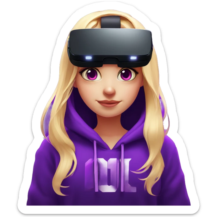 Russian cute blond student girl wearing black hoody with violet letters "OMG", in vr headset. No eyes. Cyberpunk style. Violet neon. sticker