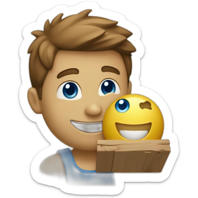 A person holding a box of wood with a beautiful smile will make any wooden product you want, he has a yellow food ball. Blue eyes and skin light beige. sticker
