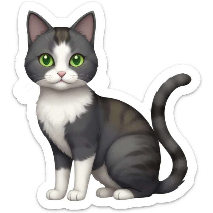 full body view of beautiful female solid dark grey cat with green eyes, white toes/paws and white patch on her chest sticker