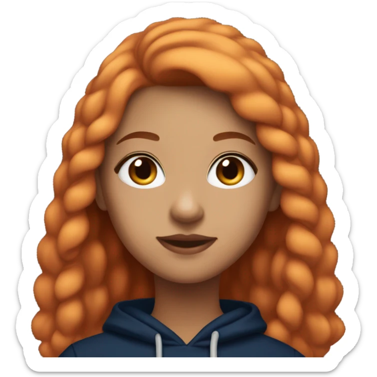 Light skin girl with copper hair and long lashes wearing a navy hoodie sticker