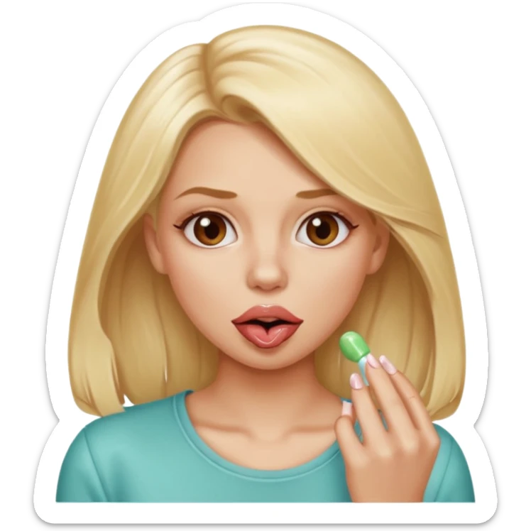 Elle fais une peu petasse, elle se mord le coin la lèvres. Elle est blonde. Ongles vernis marrons. Elle mâche un chewing-gum  sticker