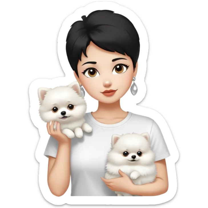 A woman with a base-shaped face, very short black hair, wearing a white T-shirt and large stylish silver earrings, holding a pure white fluffy Pomeranian. sticker