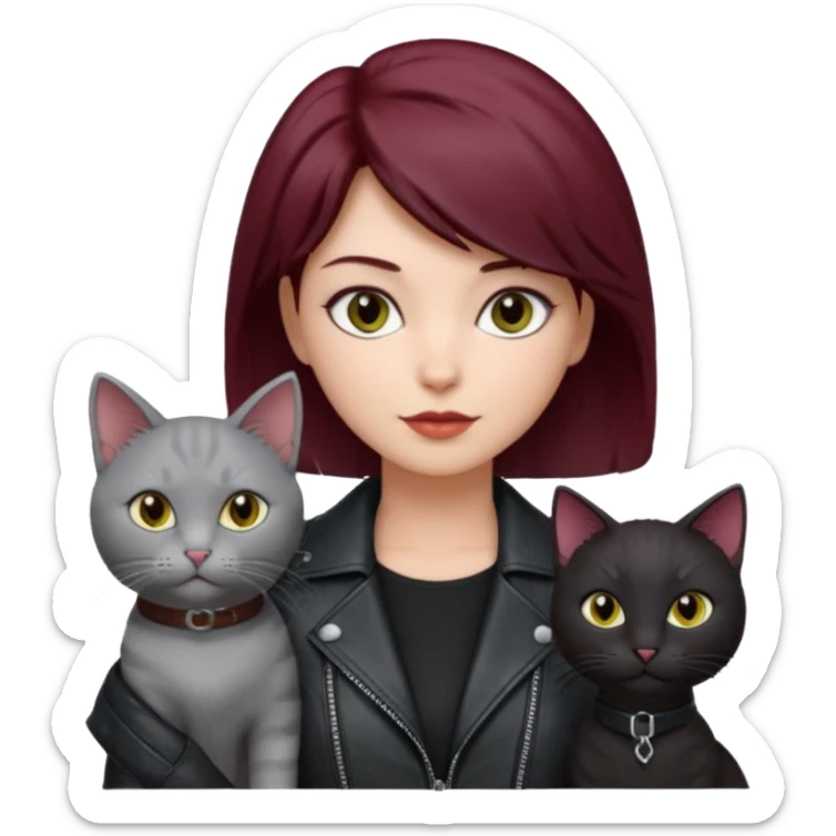 femme  yeux gris, cheveux court bordeaux, cuir noir, avec chat poils longs gris clair et chat poils ras noirs sticker