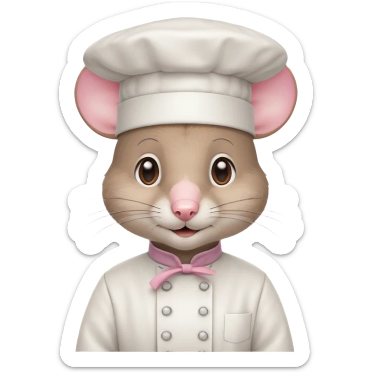gray mouse with large round ears, brown eyes, and a small pink nose, wearing a white chef’s hat sticker