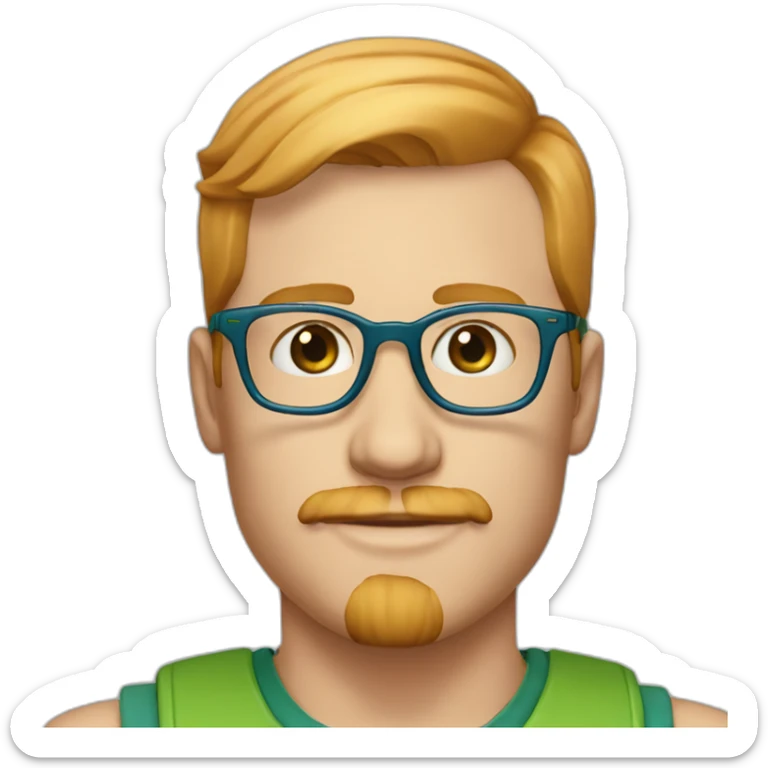 35 year old man with strawberry blond hair, clean shaved chin with moustache, blue eyes and round green glasses sticker