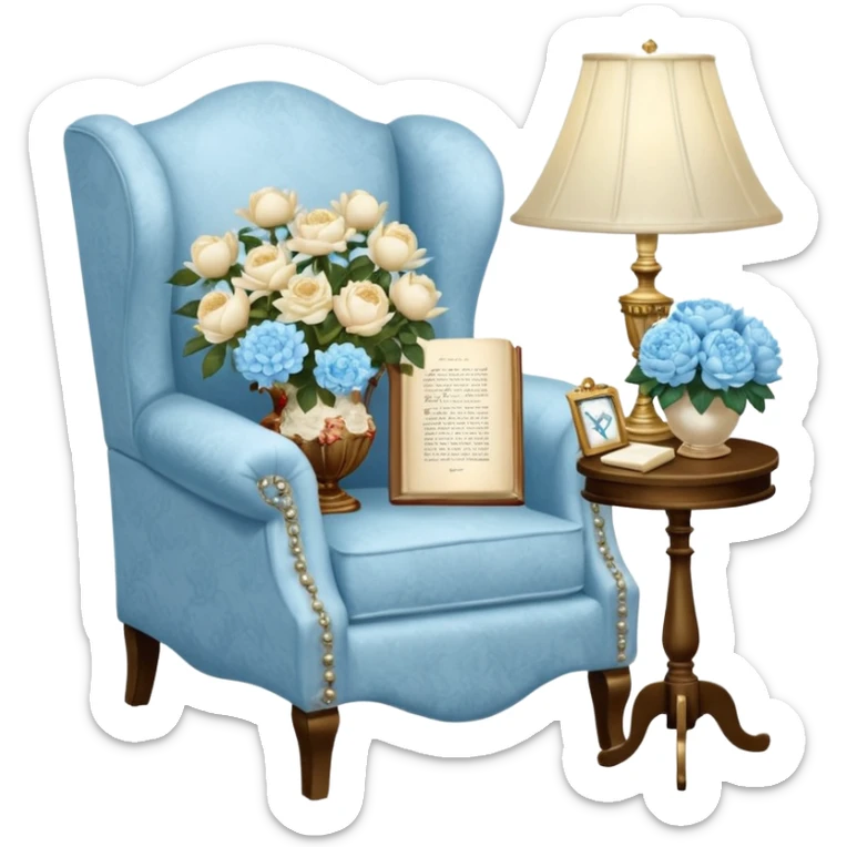 A cozy vintage-inspired reading nook, with an overstuffed ivory armchair, a golden reading lamp, and a bouquet of soft blue roses, white peonies, and dahlias resting on a small lace-covered side table, as a pearl butterfly gently rests on the open book.  sticker