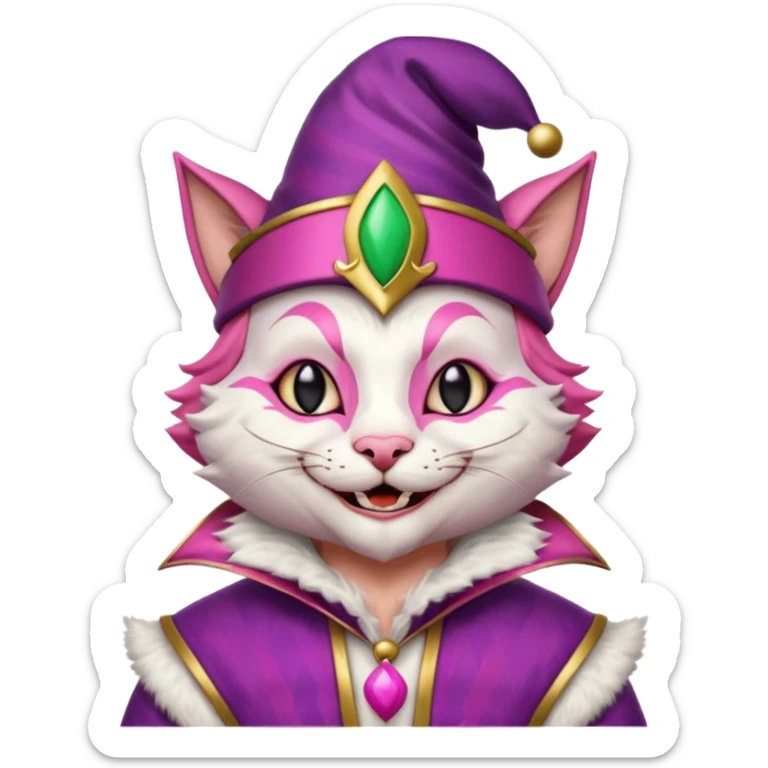 court jester cat medieval, single poker card joker clearly visible, pink, face only, court jester cap sticker