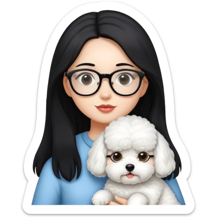 Girl with long black hair and glasses holding a white Bichon Frise dog sticker