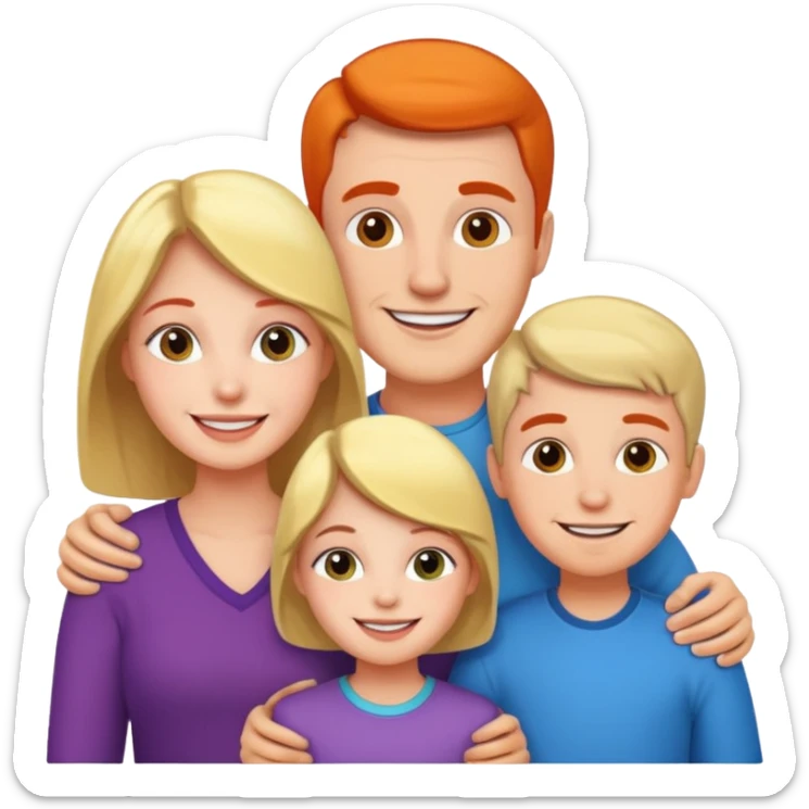 A happy family with parents and children, smiling, vibrant colors, detailed sticker