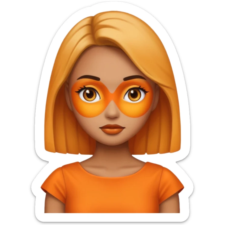 A girl tan skin face emoji with skin head styled, dramatic makeup and an orange dress. sticker