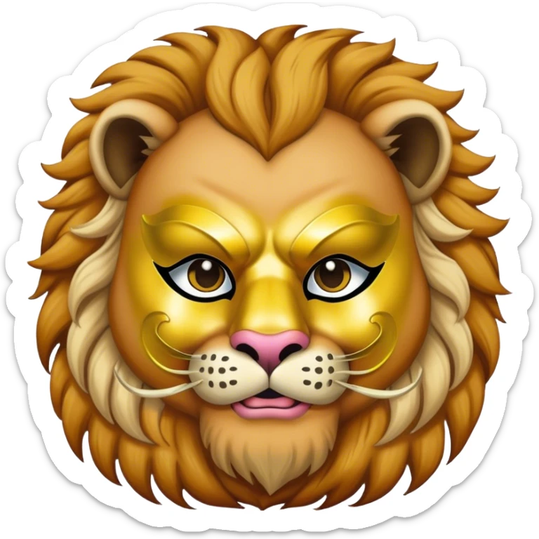 a fat man, with a vest,  wear half-face golden Lion masquerade mask sticker