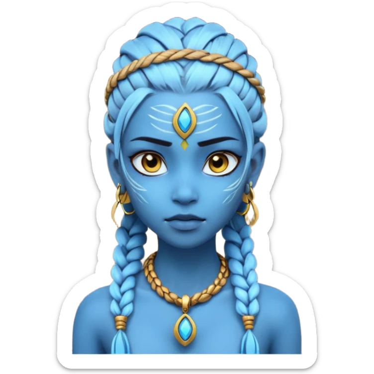 Create an icon of a Na’vi-inspired female character with glowing blue skin, braided hair, tribal forehead markings, large expressive eyes, gold earrings, and a rope necklace with a golden pendant. The expression should be calm and serious, matching the style of the movie Avatar sticker
