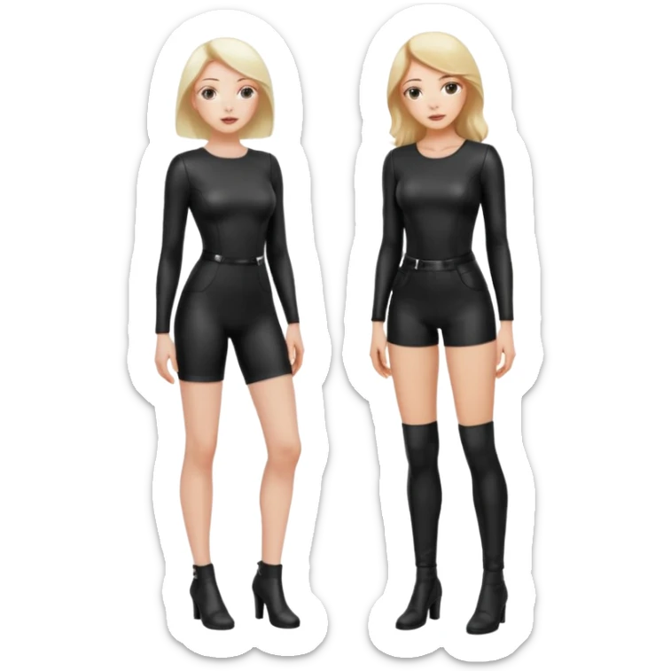 A woman on her knees for another woman, while the other woman stands up next to her. The woman standing is a dominatrix, the other woman on the knees is a slave sticker