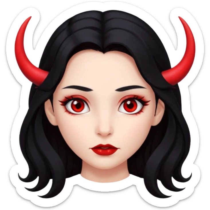 A girl's face with cheekbones, completely red skin, long black hair, small red horns, and red eyes. sticker