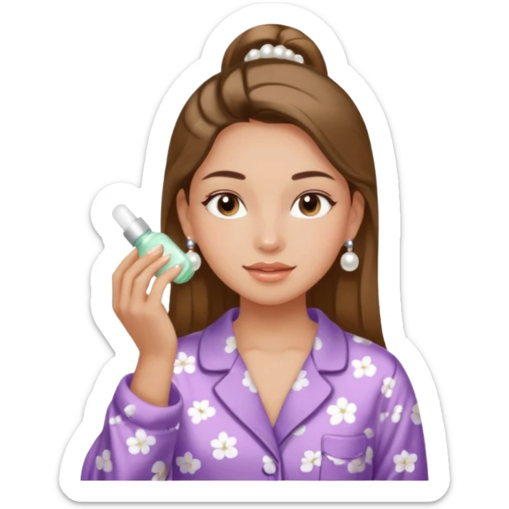 Clean girl aesthetic emoticons, apply skincare products, pearl earrings, glowing skin, pajamas, soft lighting sticker