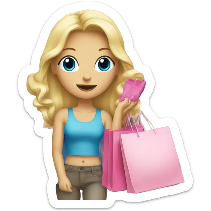 blonde girl with blue eyes surrounded by pink shopping bags sticker