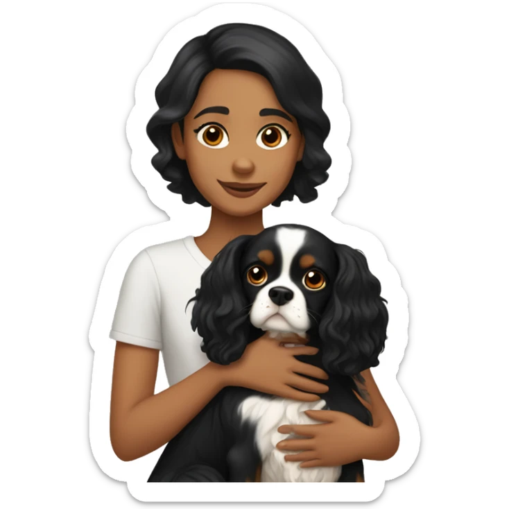 girl with black hair and light skin hugging two black and brown cavalier king charles spaniel  sticker